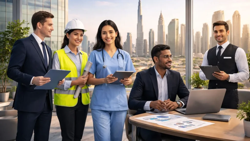 Jobs in Dubai for foreigners in 2026 section image showing a diverse group of foreign professionals in a modern Dubai office setting with the Dubai skyline in the background, including an office worker, engineer, healthcare professional, hospitality staff member, and tech professional using documents, laptop, and discussion-based work elements to reflect a realistic and competitive Dubai job market.