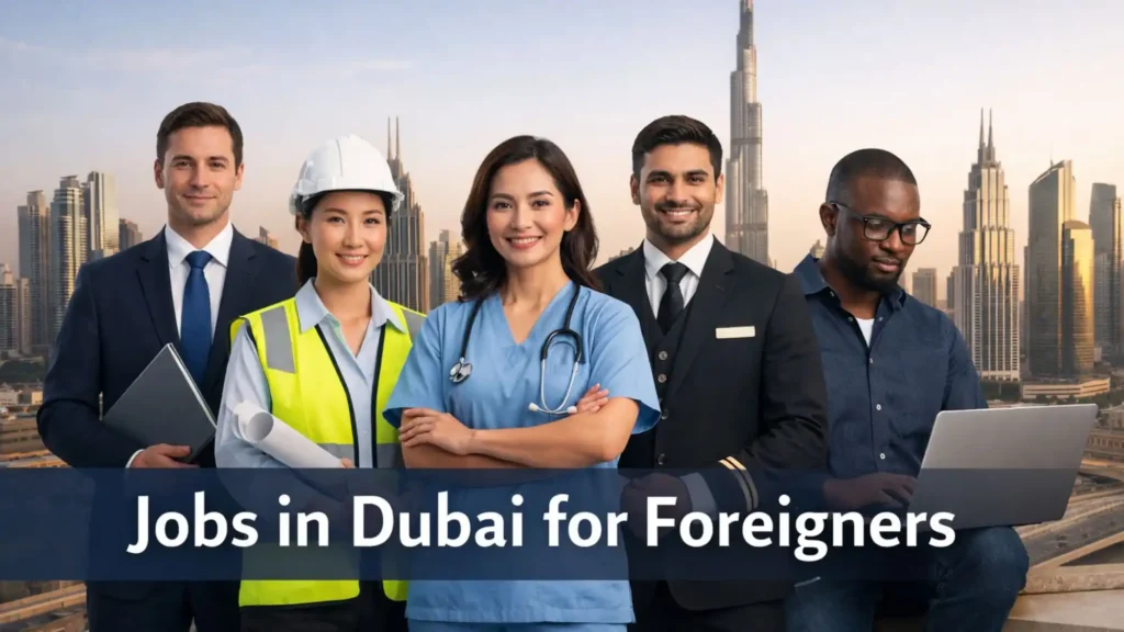 Jobs in Dubai for foreigners featured image showing a diverse group of professional men and women in front of the Dubai skyline, including an office worker, engineer, healthcare professional, hospitality worker, and tech professional, with clean editorial text overlay for a career guidance blog post.