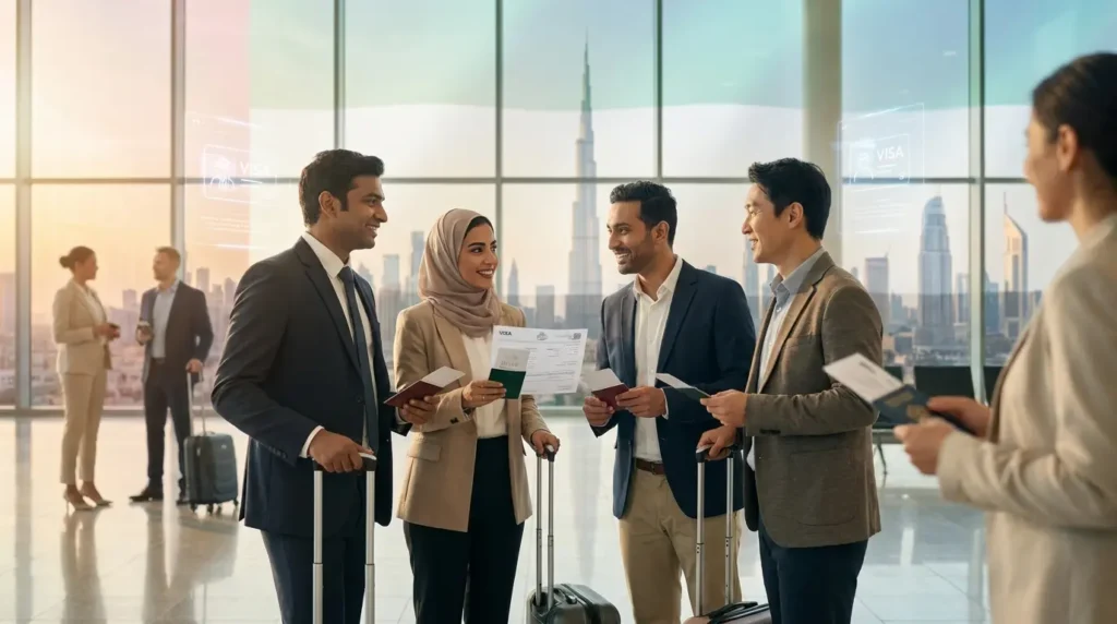 Dubai work visa 2026 guide showing foreign professionals with passports and UAE employment documents near Dubai skyline