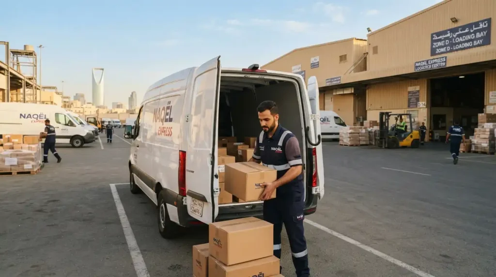 Driver Jobs in Saudi Arabia for Foreigners – delivery driver loading a logistics van at an industrial worksite in Saudi Arabia