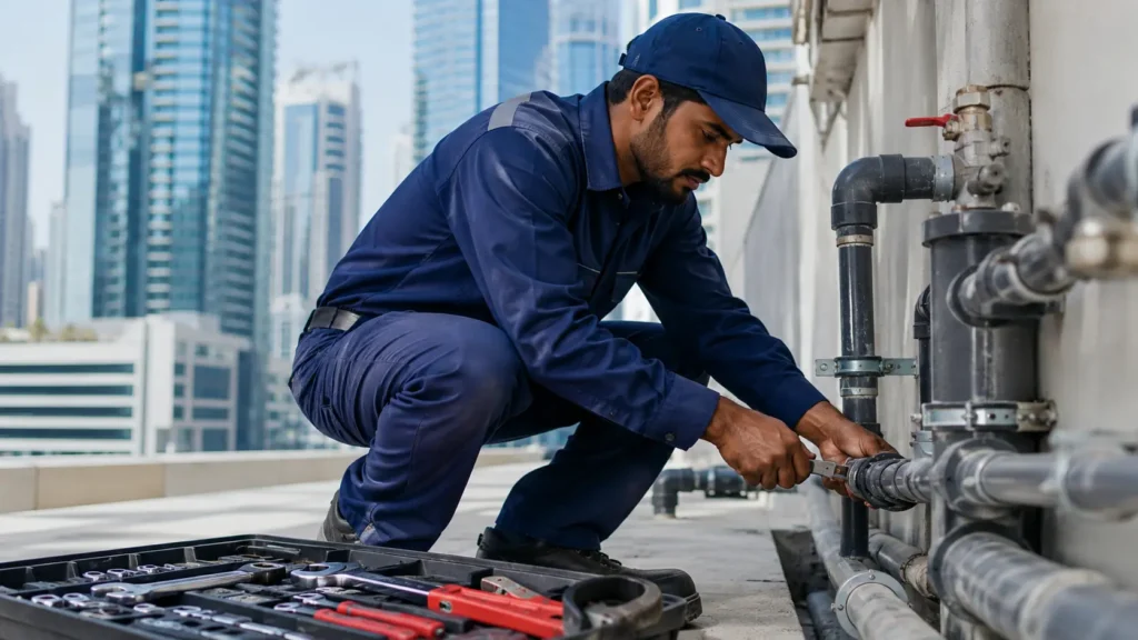 Plumber working on pipework at a maintenance site in Dubai