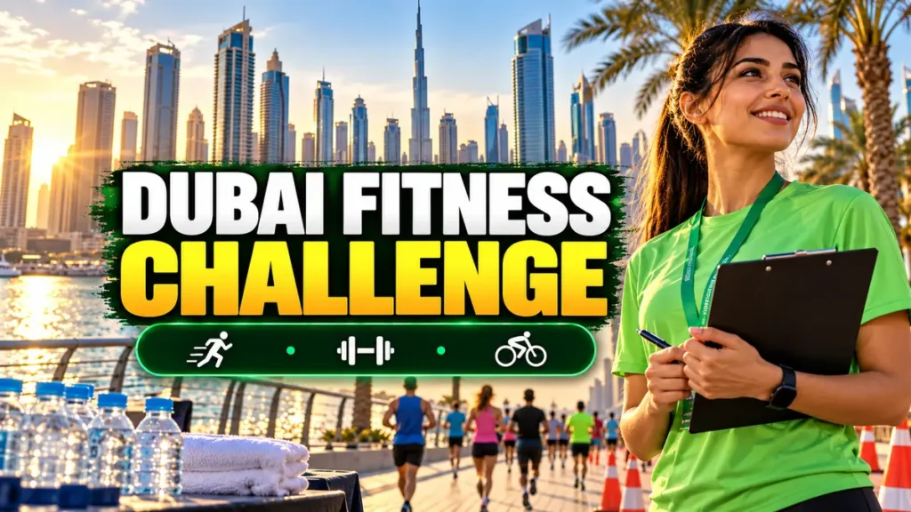 Dubai Fitness Challenge 2026 event staff member with the Dubai skyline during the 30-day challenge